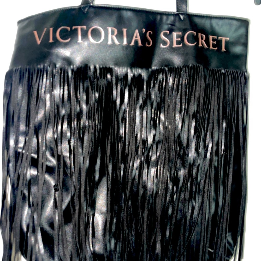 Victoria’s Secret, black fringe, faux leather bag, tote